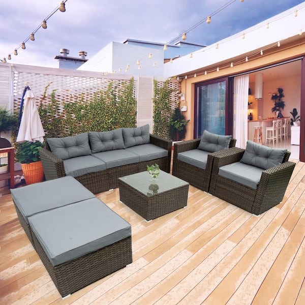 Tenleaf 6-Piece Brown Wicker 7 Seater Patio Conversation Set with Gray Removeable Cushions, Temper glass TableTop