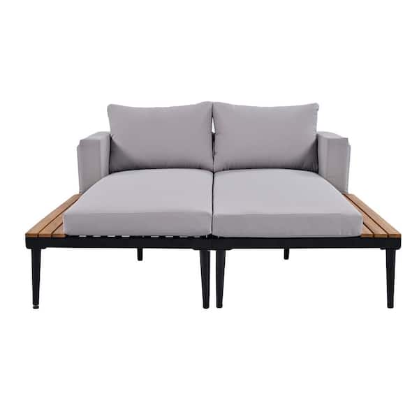 Unbranded Metal Outdoor Day Bed with Wood Topped Side Spaces for Drinks, 2 in 1 Padded Chaise Lounges with Gray Cushions