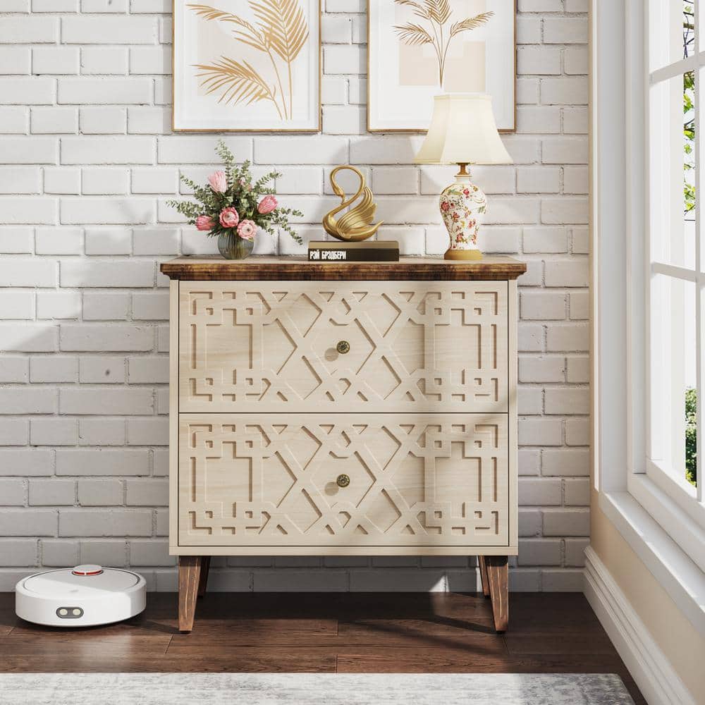 Beige and Brown 2-Drawer Wooden Legal Size File Cabinet
