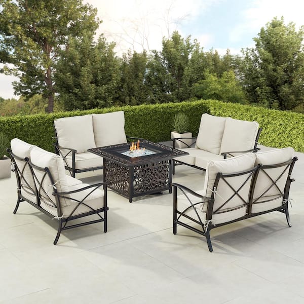 Oakland Living Black Aluminum Fire Table Set with 4-Deep Seating Loveseats