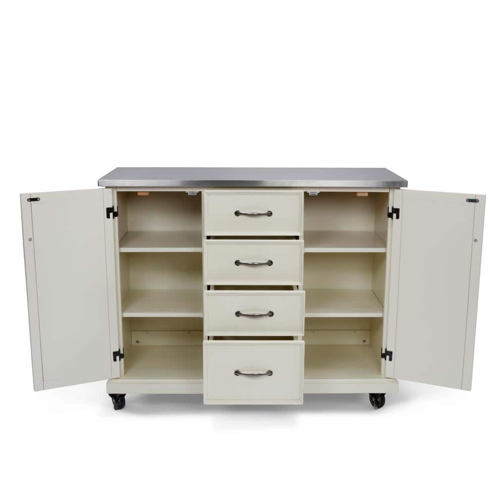 Off-White Rectangular Stainless Steel Top Kitchen Cart with Storage