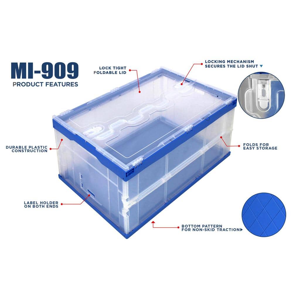 Clear and Blue Collapsible Plastic Storage Crate with Lid, 65L Capacity
