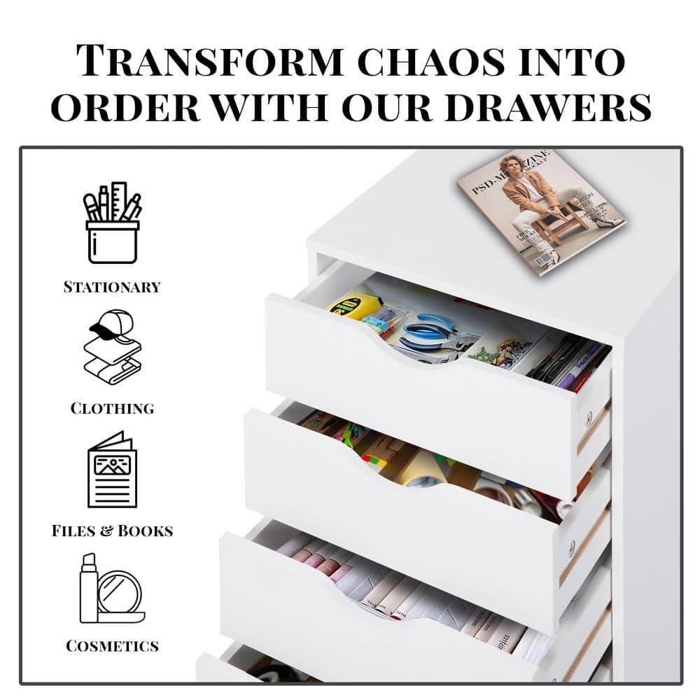 White Mobile 5-Drawer Vertical Wood Storage Cabinet