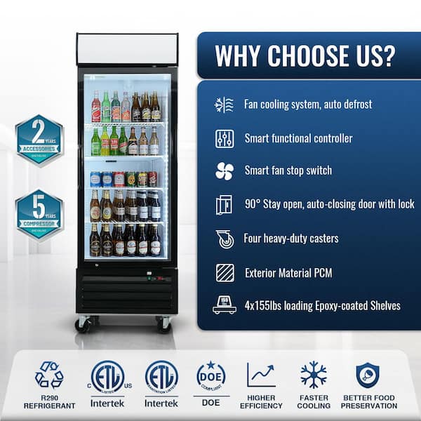 27 in. 19.3 cu. ft. Commercial Upright Merchandiser Refrigerator in Black with Tempered Glass Door and LED Top Panel
