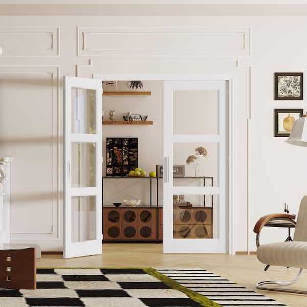 60 in. x 80 in. Solid Wood & MDF, 3 Lite, Clear Glass White Pantry Door, Interior Door Slab With Ball Catch & Top Latch