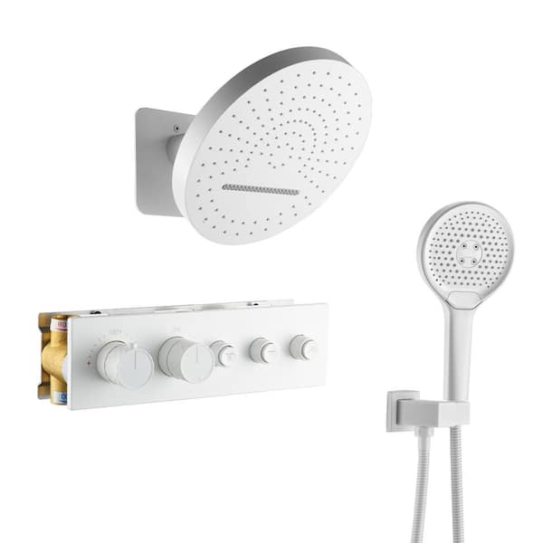 Dimakai 5-Spray 2.5 GPM 16 in. Round Wall Mount Fixed and Handheld Shower Head with Thermostatic Shower System in Matte White