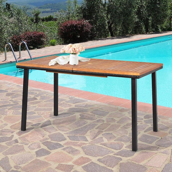 Costway 55 In Patio Wood Rattan, Patio Table Top With Umbrella Hole