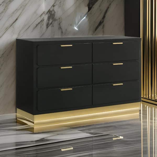 Black and Gold 6 Drawer 59 in. Dresser Without Mirror