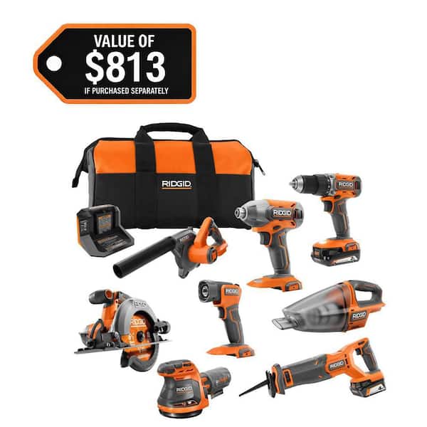 18V Cordless 8-Tool Combo Kit with 2.0 Ah Battery, 4.0 Ah Battery, Charger, and Tool Bag