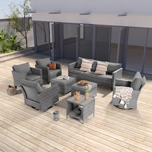 8-Piece Patio Outdoor Grey Wicker Conversation Seating Set Thickening Gray Cushions With Swiveling Rocker