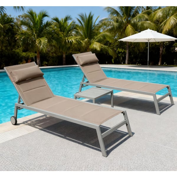 3-Piece Metal Adjustable Outdoor Chaise Lounge, Khaki Reclining Chair with Wheels