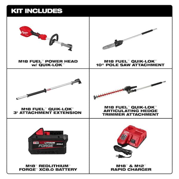 M18 FUEL 18V 10 in. Brushless Cordless Battery Powered QUIK-LOK Pole Saw 8.0 Ah FORGE Kit w/ Articulating Hedge Trimmer