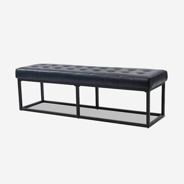 JAYDEN CREATION Gabino 60 in. Wide Navy Genuine Leather Bedroom Bench with Metal Base