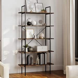 68 in. Brown Wooden 5-Shelf Etagere Bookcase with Steel Frame