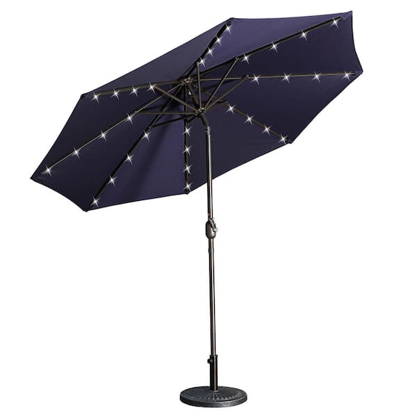 Clihome 9 ft. Outdoor Market Patio Umbrella 32 LED Solar Umbrella with Tilt and Crank in Navy Blue