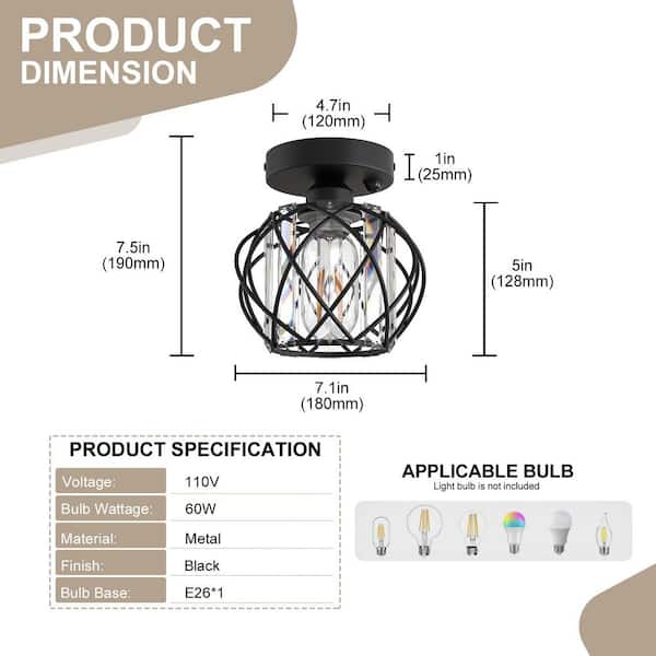 Emeritpro 7.1 in. 1-Light Matte Black Motion Sensor Semi Flush