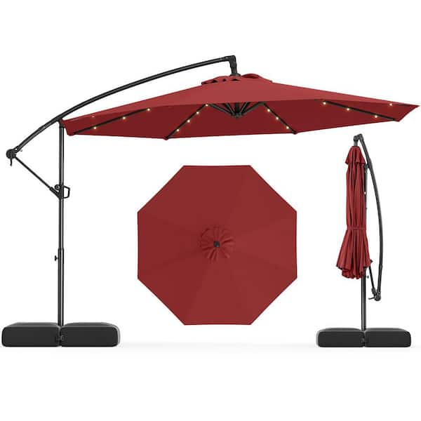 10 ft. Steel Cantilever Offset Solar Hanging Patio Umbrella with Cross Base and 32 LED Lights in Red