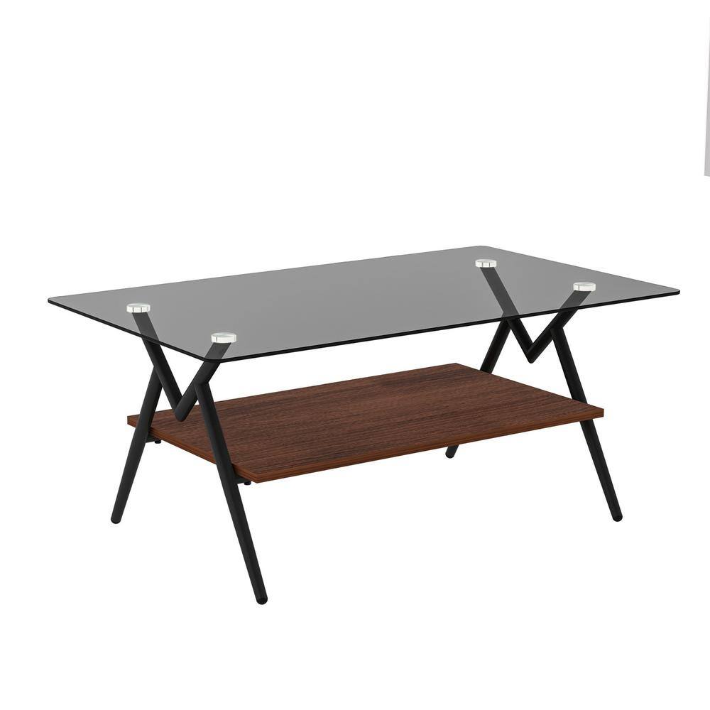38.6 in. Rectangle Tempered Gray Glass Coffee Table with Brown MDF Shelf an