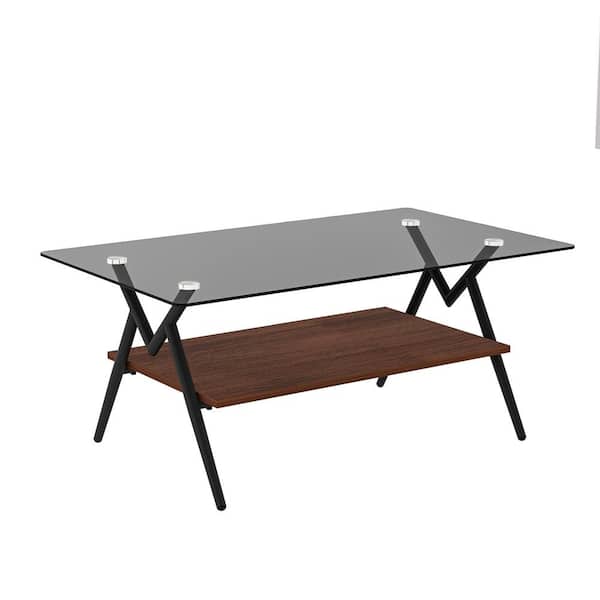 Angel Sar 38.6 in. Rectangle Tempered Gray Glass Coffee Table with Brown MDF Shelf and Black Metal Legs