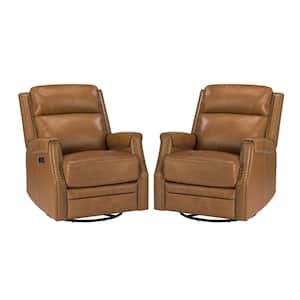 Leonhard Beige Transitional Electric Genuine Leather Rocking Recliner Nursery Chair Set with Nailhead Trims Set of 2