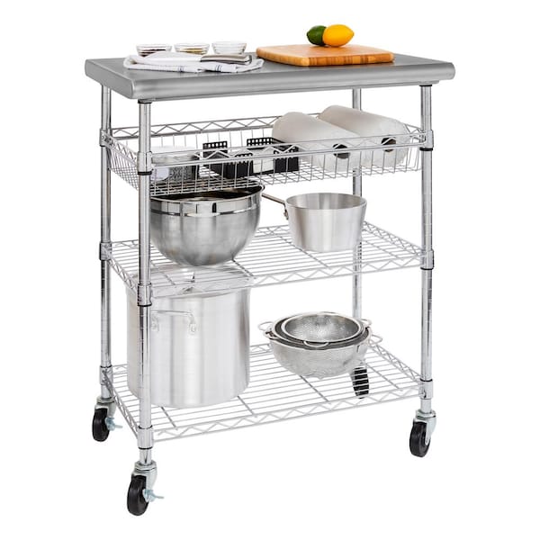 Steelton Wood Top Work Cart with Stainless Steel Base and Undershelves -  32 x 20 x 35
