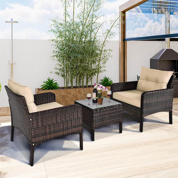 3 Piece Patio PE Wicker Furniture Set with Cushions and Tempered Glass Coffee Table Brown