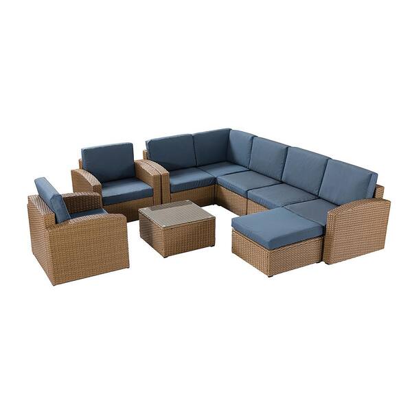 JAYDEN CREATION Alalakh 8 - Person Blue Modular Wicker Seating Group with Cushions