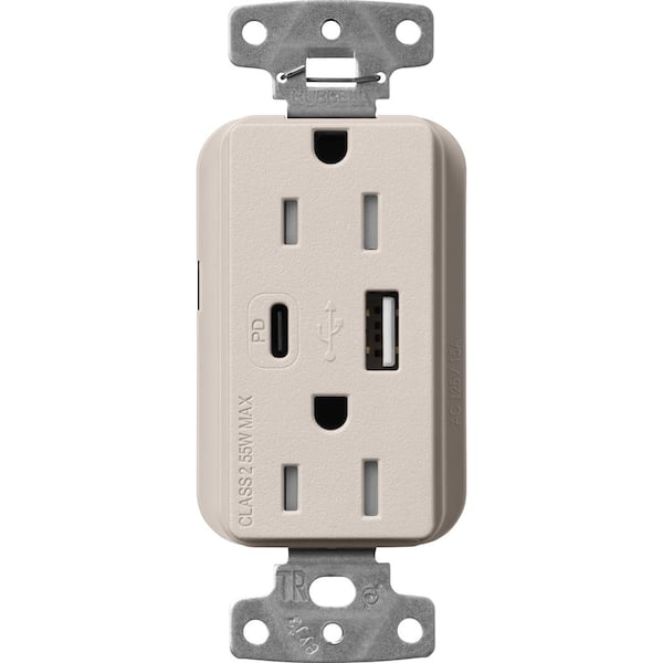 Claro 15 Amp Tamper Resistant USB Type A/C Duplex Receptacle, Decorator Style Outlet, Satin Finish, SCR-15-ACTR-TP, Gray
