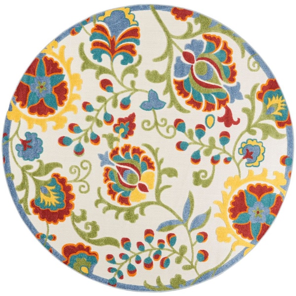 Nourison Aloha Ivory/Multicolor 8 ft. x 8 ft. Round Floral Contemporary Indoor/Outdoor Patio Area Rug