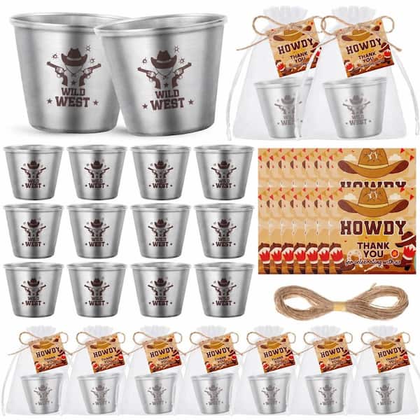24-Pack Western-Themed Stainless Steel Shot Glasses with Thank You Cards and Organza Bags, Cowboy Party