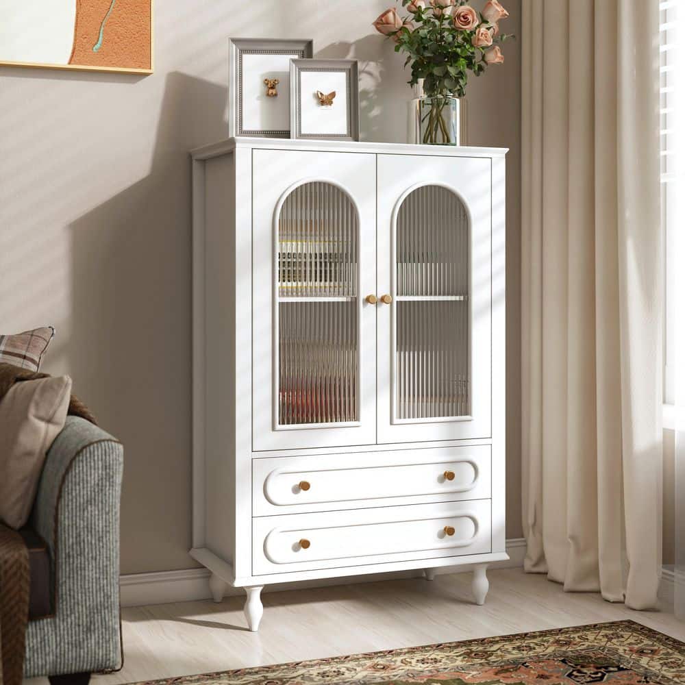 Buffet Sideboard Off White 46.5 in. H Accent Storage Cabinet with Ribbed Glass Doors and 2 Drawers