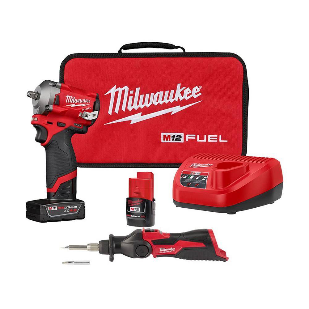 Milwaukee M12 FUEL 12V Lithium-Ion Cordless Stubby 3/8 in. Impact Wrench Kit with M12 Soldering Iron 2554-22-2488-20 Sansujyuku sansujyuku.com