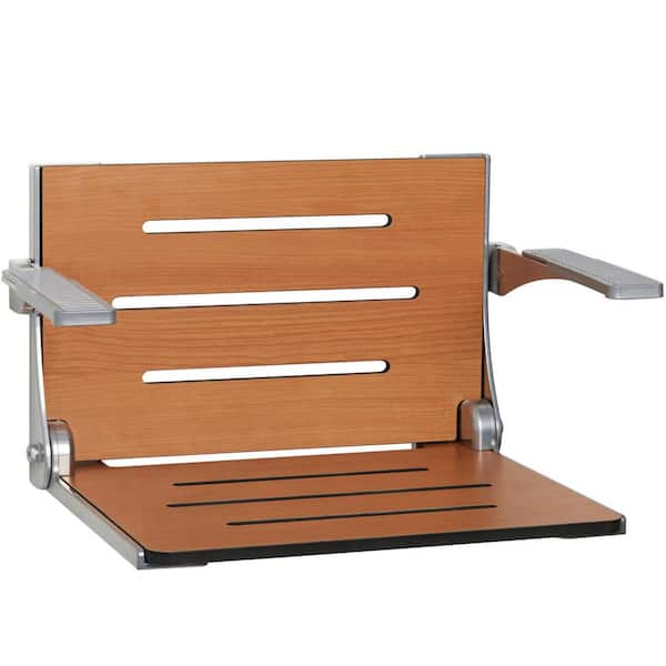 SEACHROME Silhouette Comfort Folding Wall Mount Shower Bench Seat with Arms in Teak