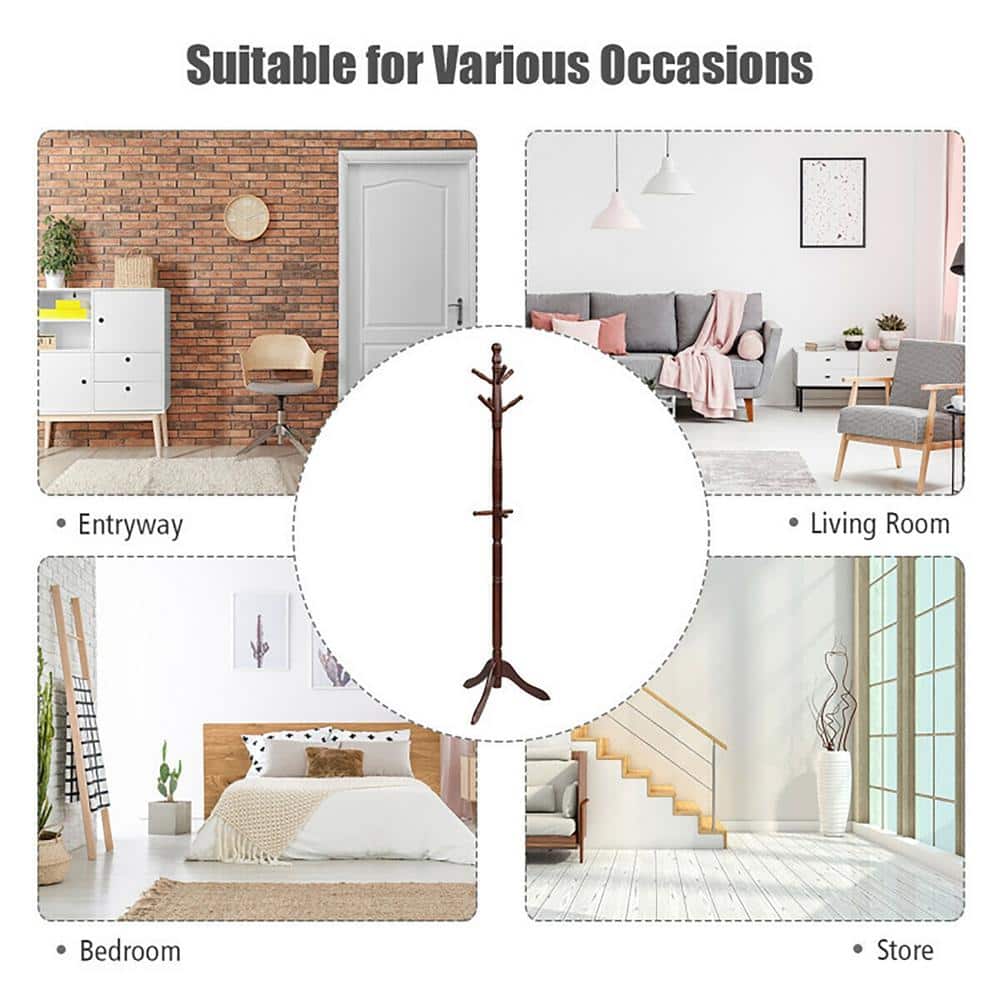 Walnut Adjustable Height Freestanding Coat Rack with 9 Hooks