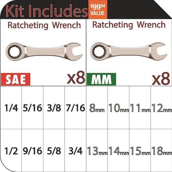 SAE and Metric Ratcheting Wrench Set (16-Piece)