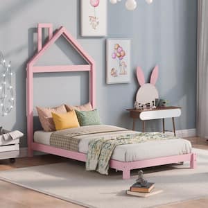 Pink Wood Frame Twin Size Platform Bed with House-Shaped Headboard