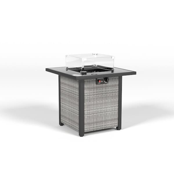 Cesicia Gray 28in Square Wicker Outdoor 50000 BTU Gas Fire Pit Table wit Glass Windscreen Protector