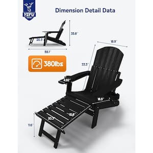 Black Outdoor Weather Resistant Folding Adirondack Chair with Integrated Pullout Ottoman and Cup Holder