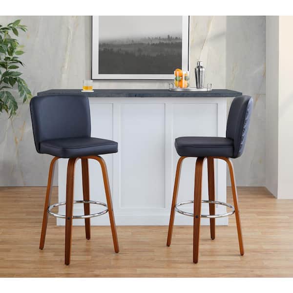 Lumisource Henry 30.75 in. White Fabric, Walnut Wood and Chrome Metal Fixed-Height Barstool (Set of 2)