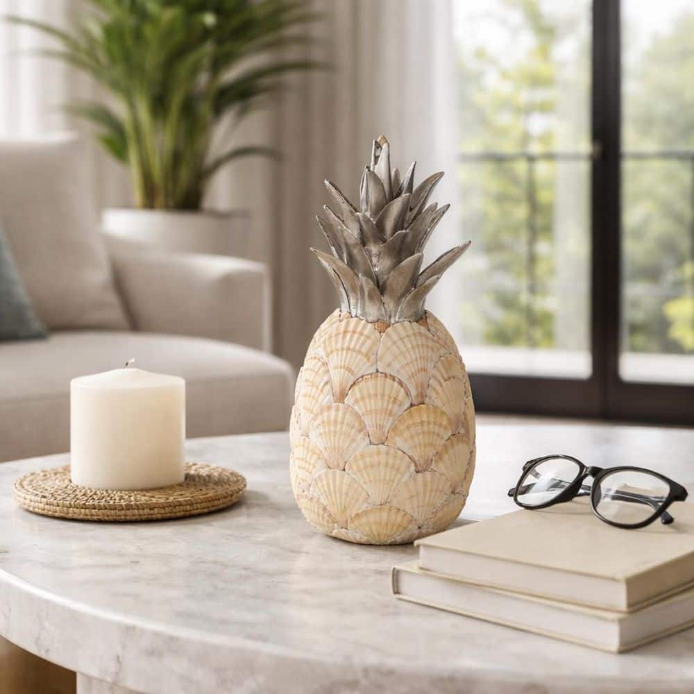 置物 pineapple pineapple Liv & Skye Ivory 5 in. x 12 in. Resin Seashell Pineapple Sculpture