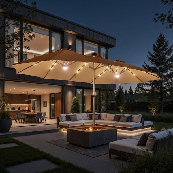 Graser Double Top 14.5 ft. Steel Cantilever Outdoor Patio Umbrella with Base and Solar LED in Khaki