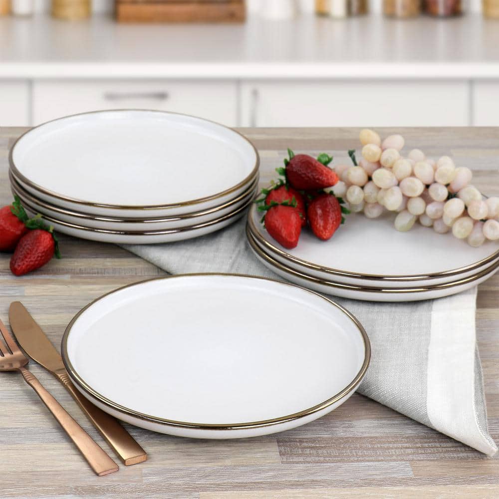 Matte White Ceramic Salad Plates with Gold Rim, Set of 6