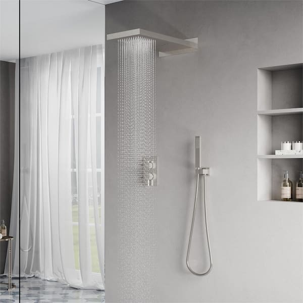 3-Spray 22 in. Large Shower Head Wall Dual Fixed and Handheld Shower Head in Brushed Nickel, Pressure Balance Valve