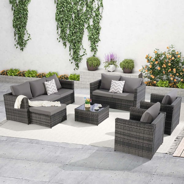 5-Piece Outdoor Wicker Sofa Conversation Set with Glass Table and Dark Gray Cushions for Garden, Backyard