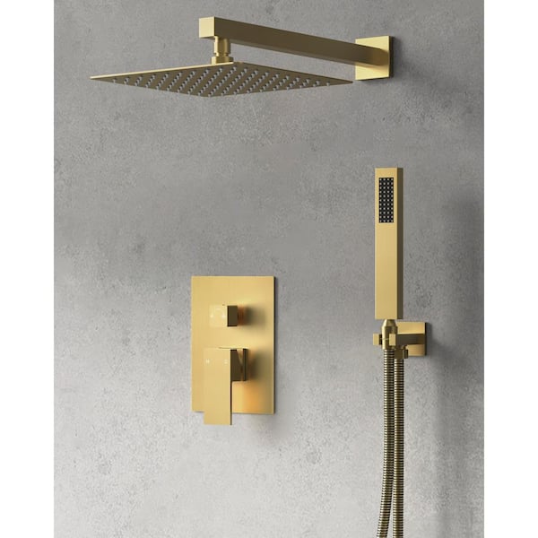 GRANDJOY 2-Spray Square High Pressure Wall Bar Shower Kit with Hand Shower 2.5 GPM in Brushed Gold (Valve Included)