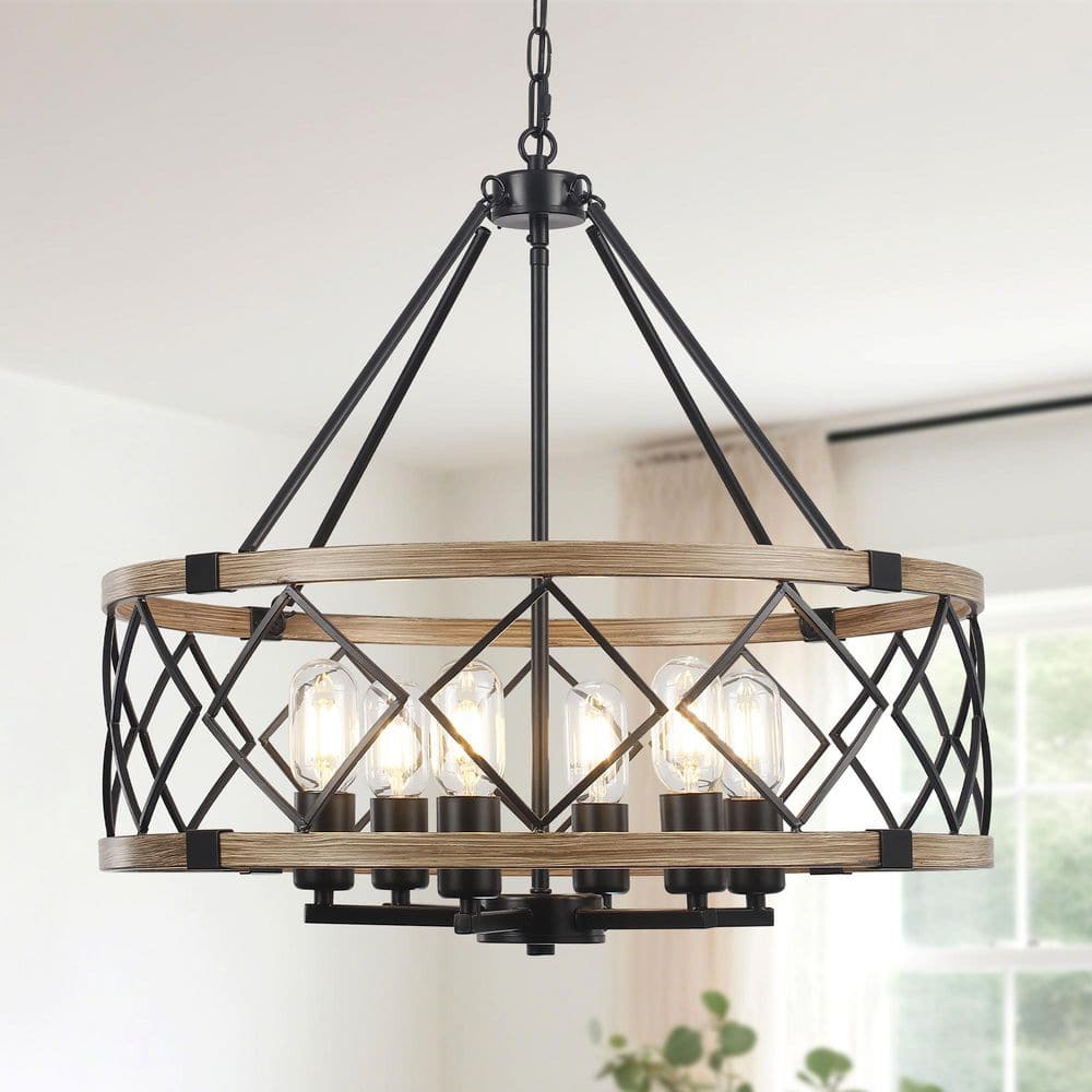 6-Light Black and Imitation Wood Grain Vintage Round Drum Chandelier Hanging Pendant Lighting for Foyer Kitchen Island price history on PriceWatchPro