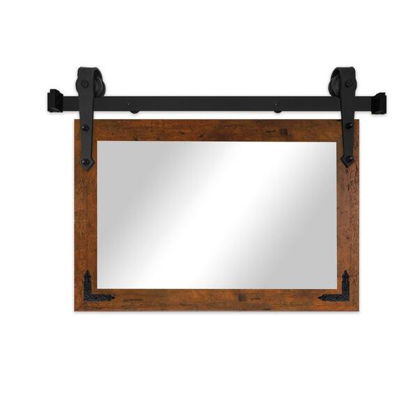 (33 in. W x 22 in. H) Light Brown Vertical Mirror with Steel Barn Door Track and Metal Corner Brackets