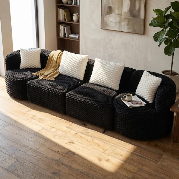 137.8 in. Velvet Modular Sectional Sofa, Boneless Sofa Couch Soft Plush Upholstered Couch in Black
