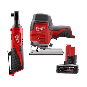 M12 12V Lithium-Ion Cordless Jig Saw with M12 3/8 in. Ratchet and 6.0 Ah XC Battery Pack