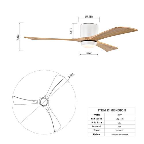 52 in. Indoor White 3 Solid Wood Blades Integrated LED Ceiling Fan with Remote Control and Reversible DC Motor Ceiling Fans